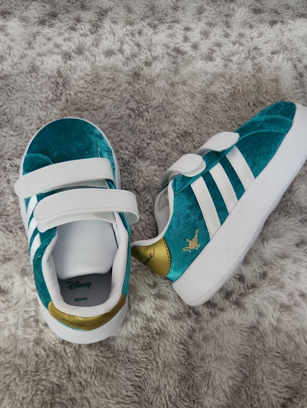 Disney Adidas Teal Velour Kids Sneakers with White Stripes and Gold Heel
